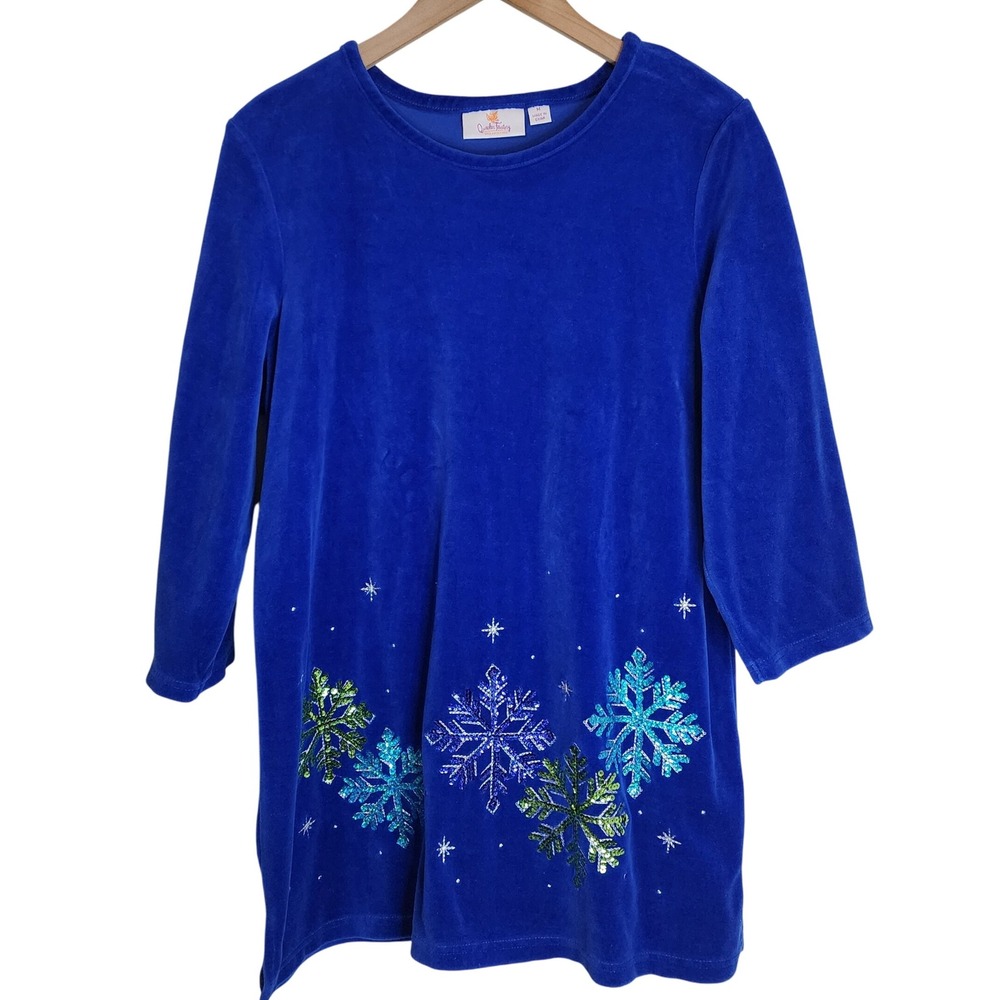 Quacker Factory Tunic Top Women's Medium Snowflake‎ Winter Velvet Blue